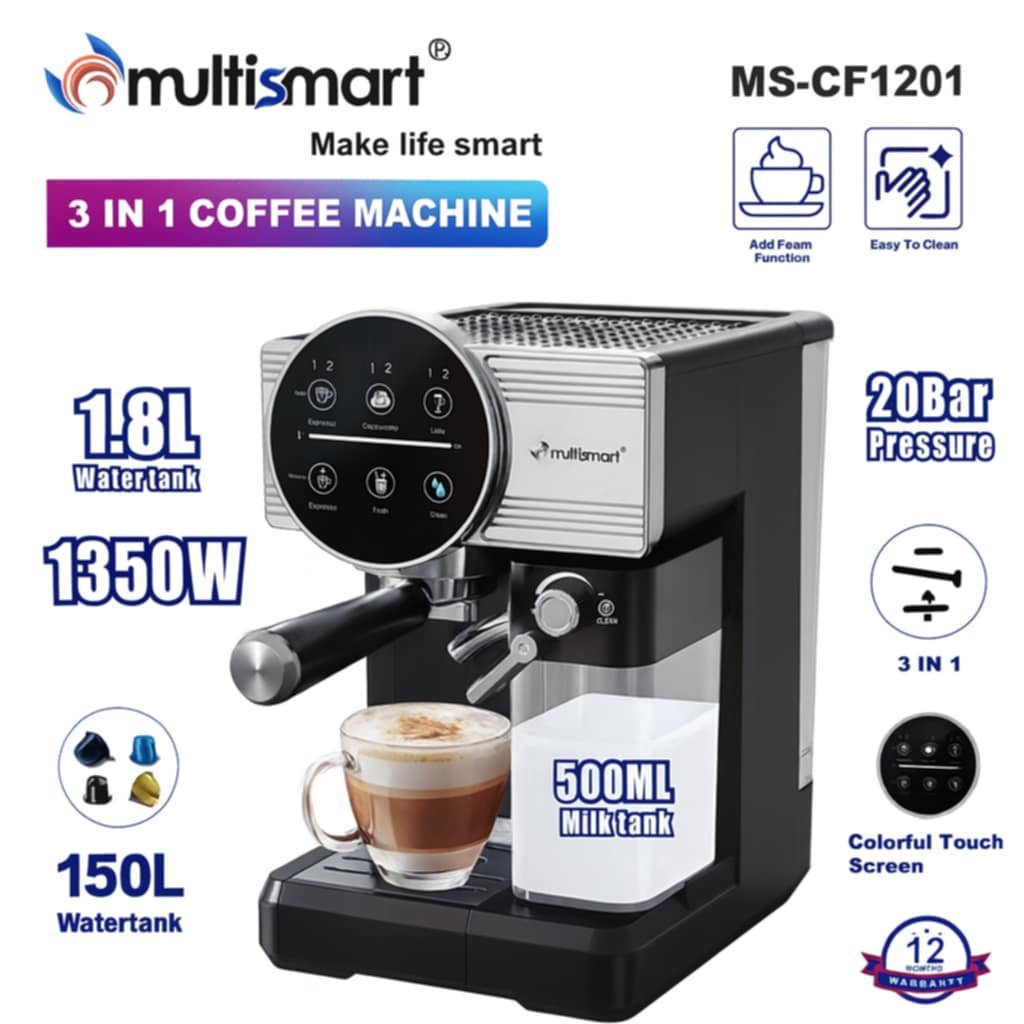 Machine à café 3en1 Lait et Café + Ccappuccino 20Bar 1.8L 1350w  MULTISMART MS-CF1201 – Image 2